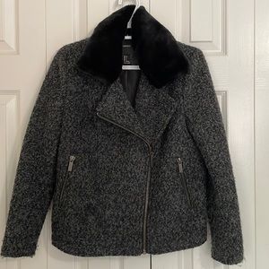 Grey and black wool moto jacket with detachable faux fur collar